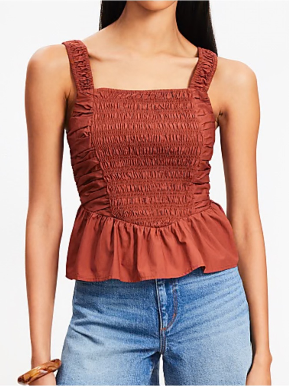 LOFT Poplin Smocked Peplum Tank Top Copper Brown Cotton Size 8 Cottagecore